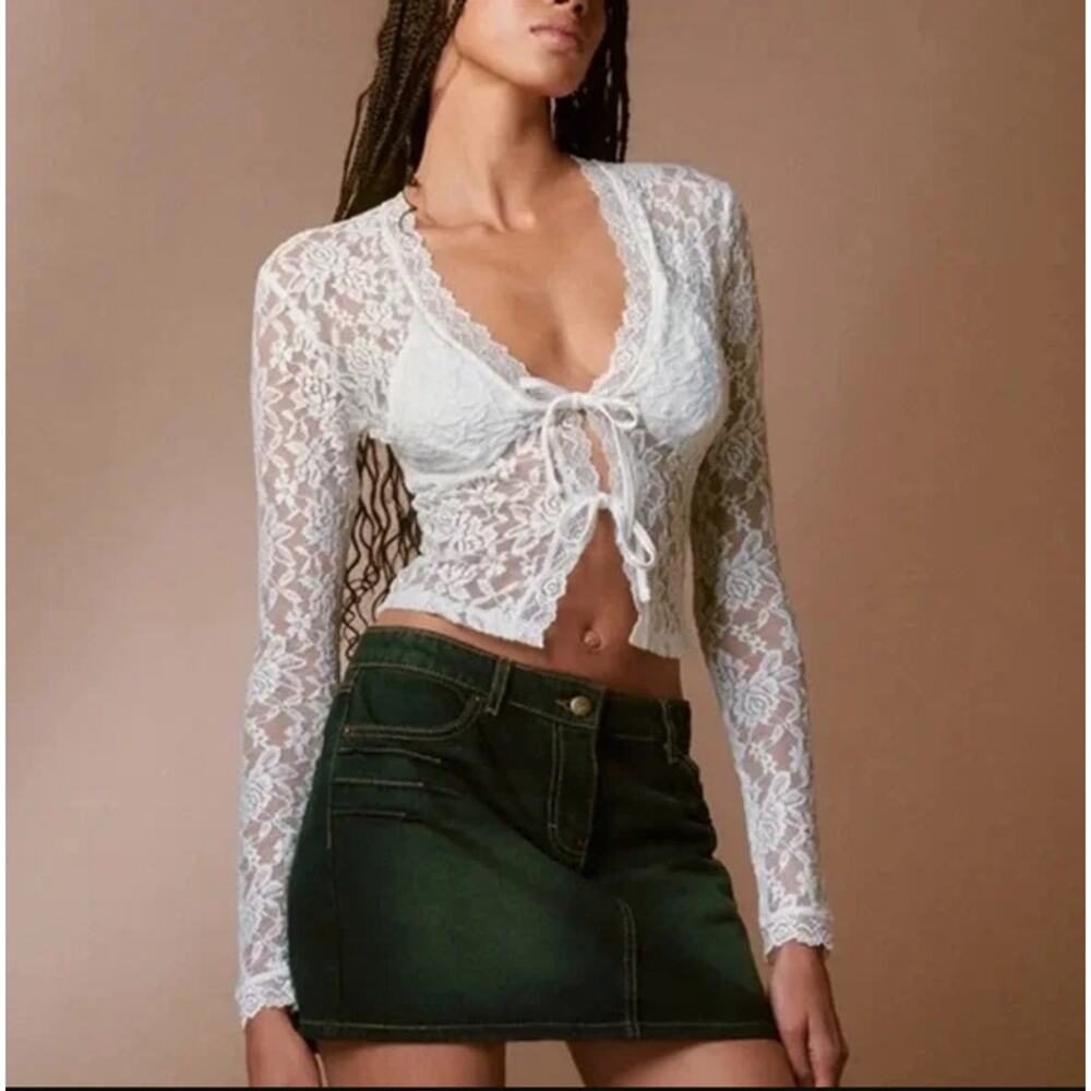 I.AM.GIA Lace Sapphira Cardigan Top XXS White Long Sleeve Tie Front Sexy NWOT